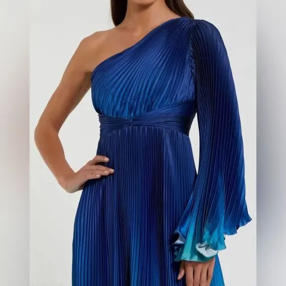 MAC DUGGAL 49903 Blue Ombre Pleated Charmeuse One-Shoulder Gown Dress 6 FLAWS - Picture 3 of 16